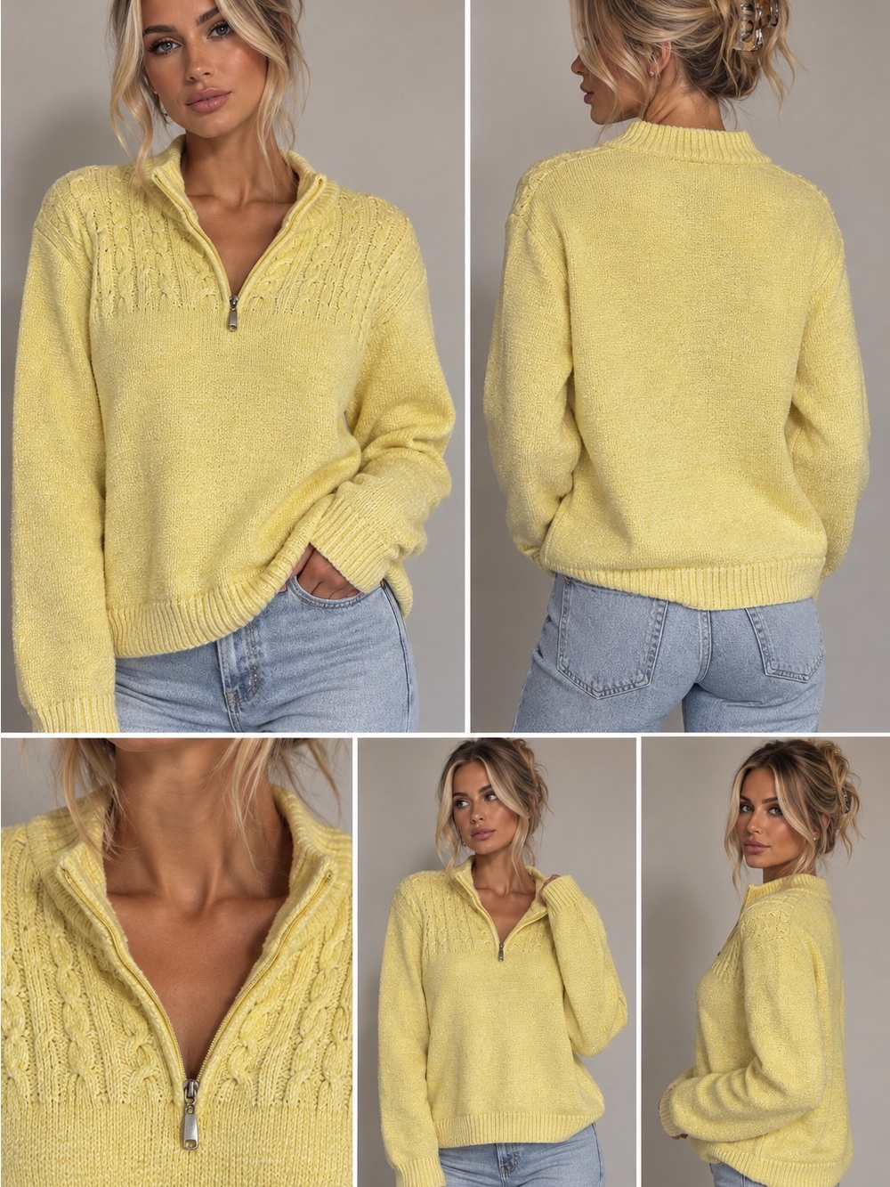 Alfred Dunner Pale Yellow Half-Zip Turtleneck Sweater